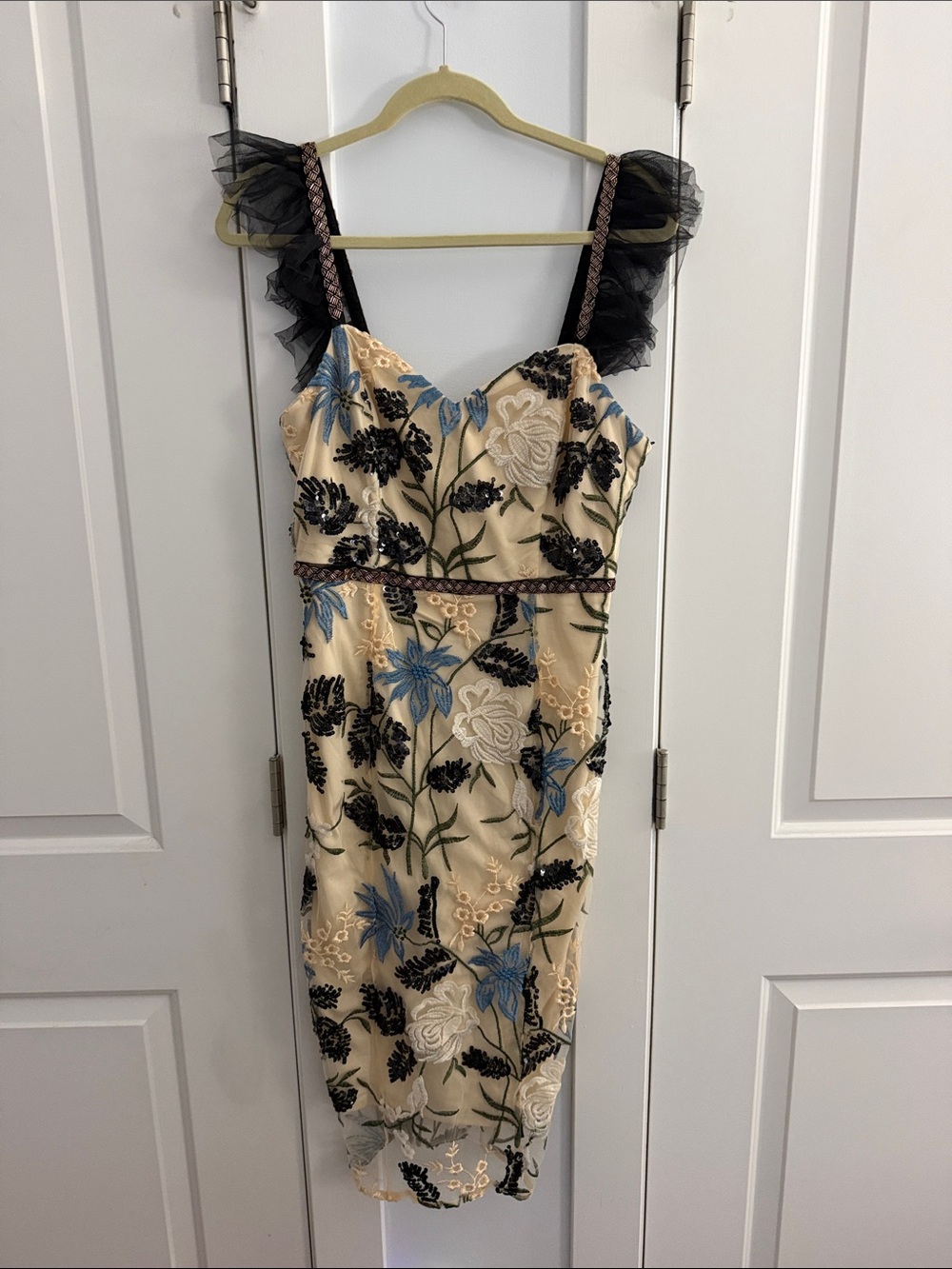 Lulu's Cream Embroidered Midi Dress with Blue & Black Floral Detail